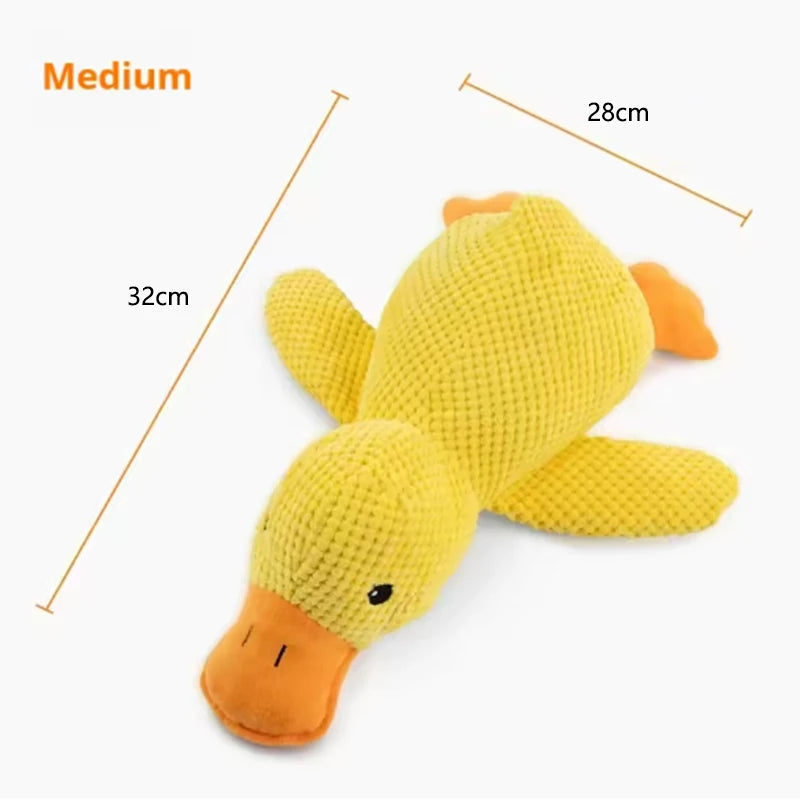 Hot dog sleeping with duck toys to relieve boredom