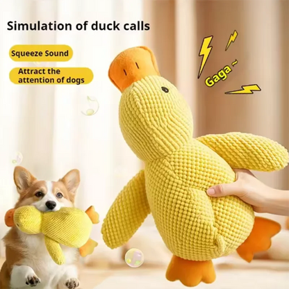Hot dog sleeping with duck toys to relieve boredom