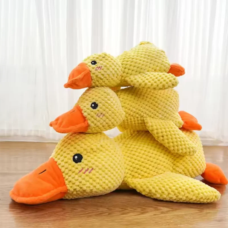 Hot dog sleeping with duck toys to relieve boredom